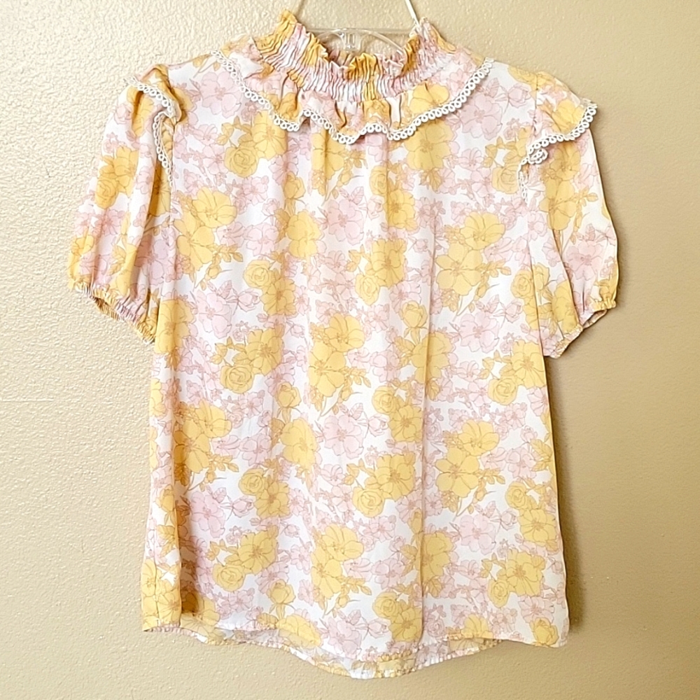 Alice Blue Floral Ruffle Blouse - Yellow and Pink